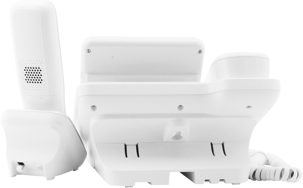 Un téléphone blanc avec un combiné et une base.