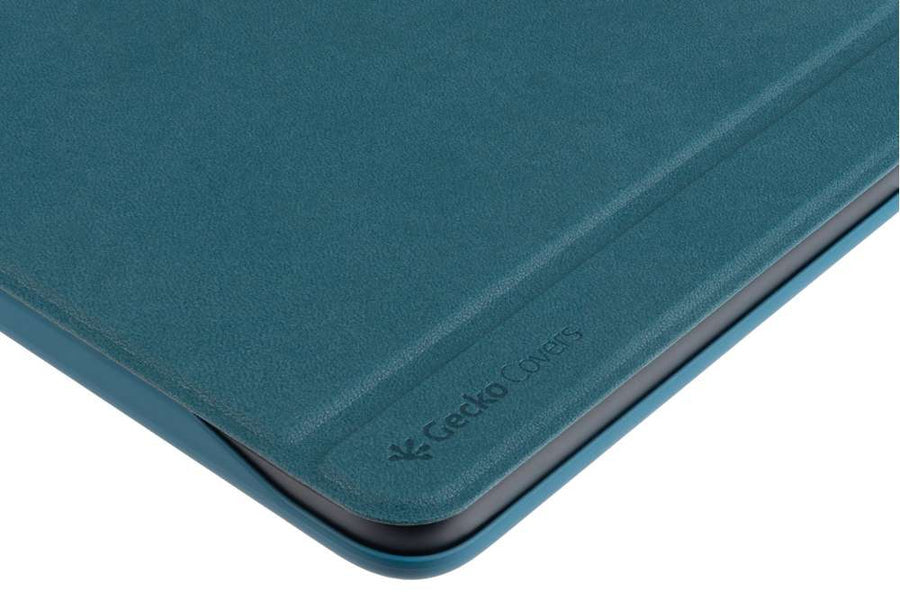 A teal Gecko Covers case for a tablet, close-up view, brand logo visible.