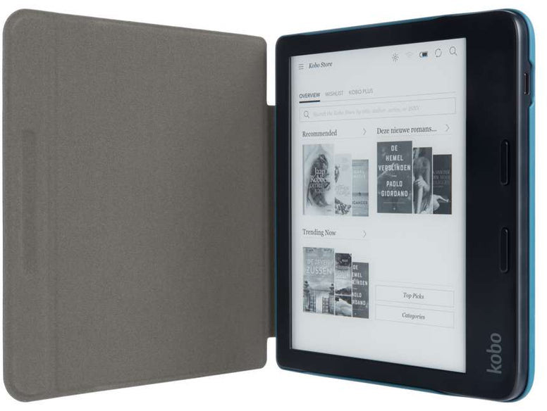 An e-reader with a cover, showing a bookstore page.