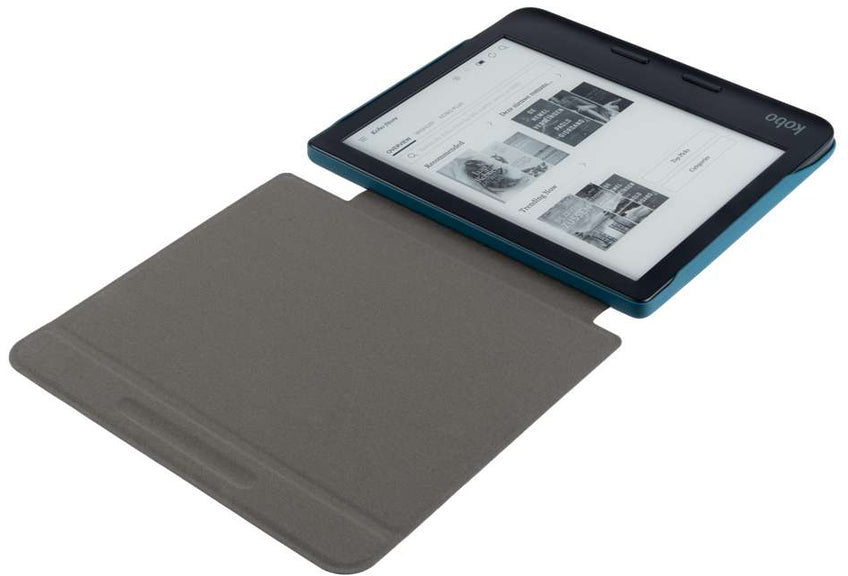E-reader with a teal frame, showing a page, partially open next to its gray cover.