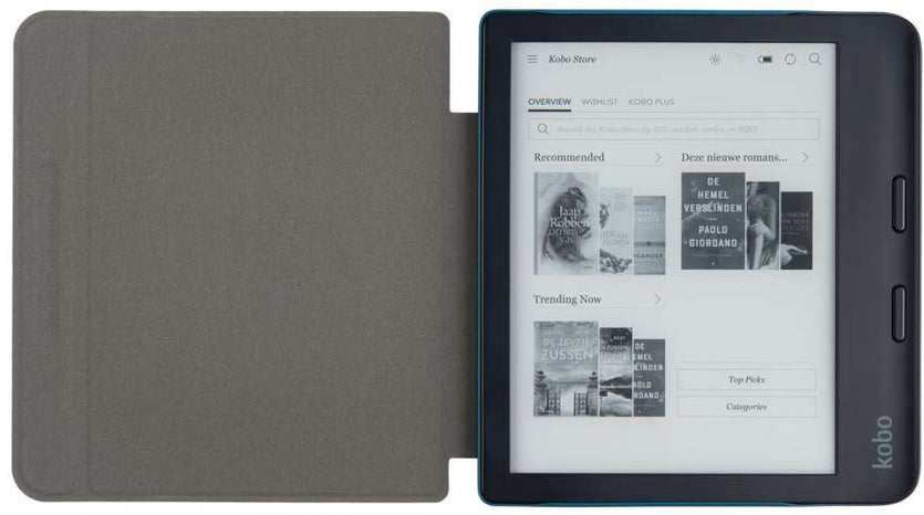 An e-reader with a book open. The cover is open. The screen displays a book store.