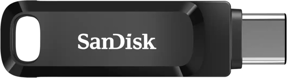 Clé USB SanDisk noire avec logo SanDisk blanc sur fond blanc.