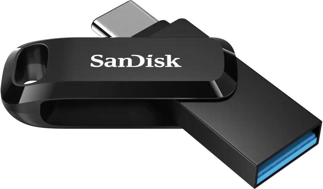 Une clé USB noire avec le logo Sandisk, avec un connecteur USB-C.