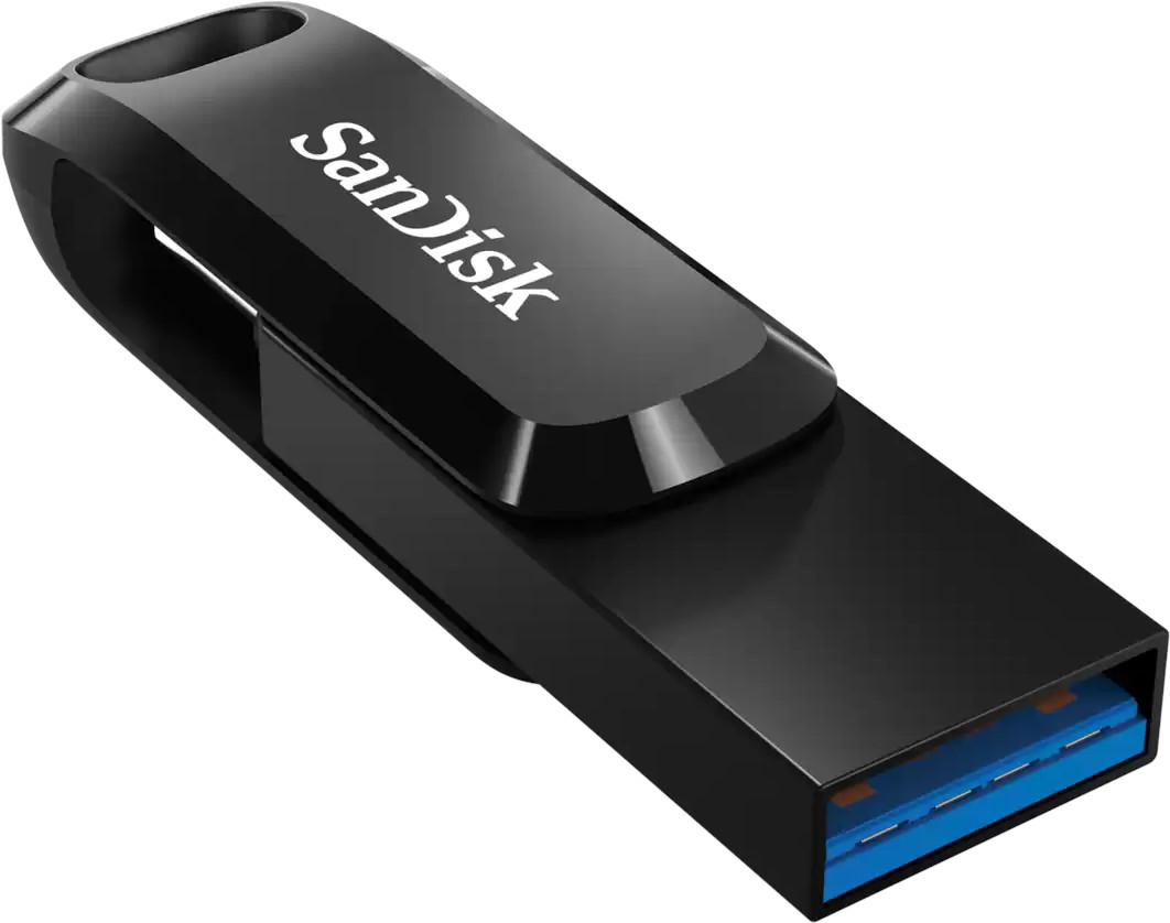 Clé USB SanDisk noire, vue en angle, sur fond blanc.