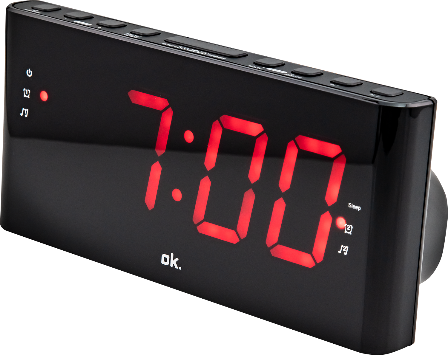 Black digital alarm clock showing 7:00 with red numerals. It has buttons and a curved side.