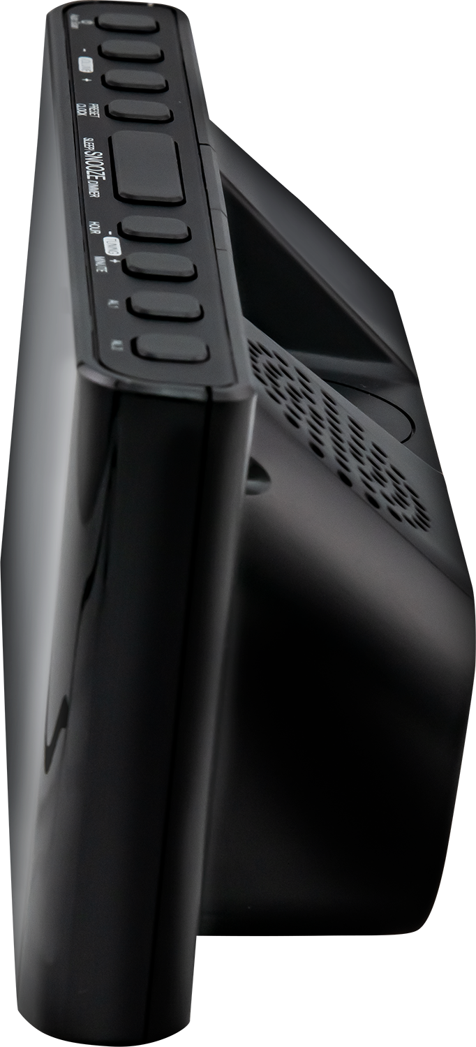 Black digital alarm clock. The side view shows buttons and a display with time.