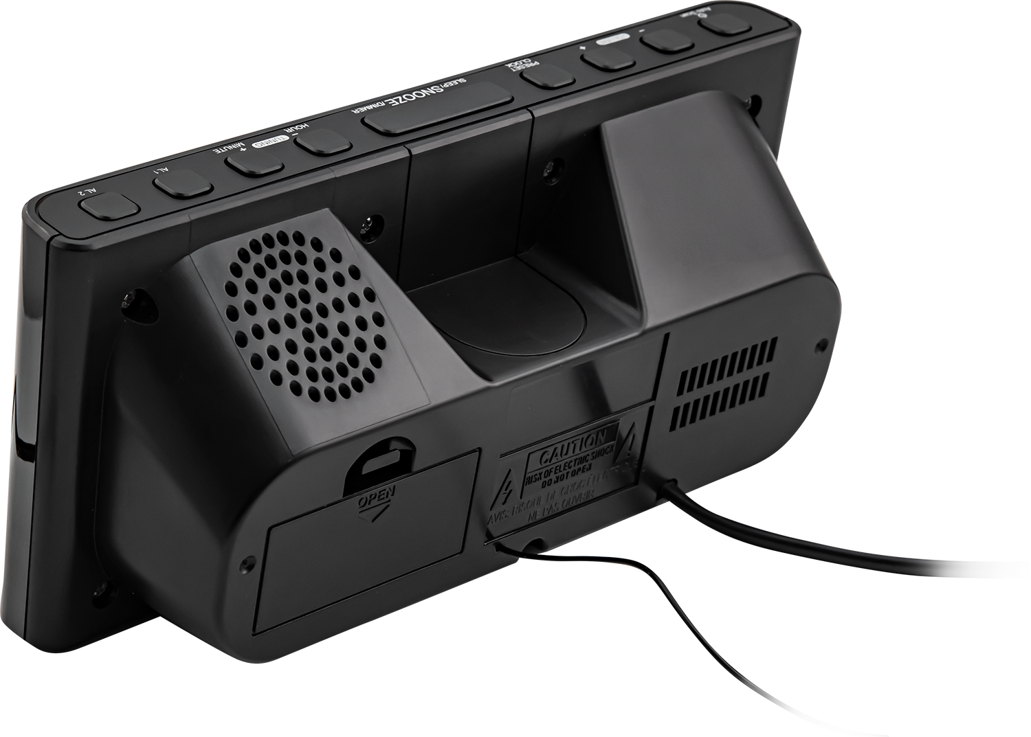 Black digital alarm clock, back view. Shows speaker, power port, and buttons.