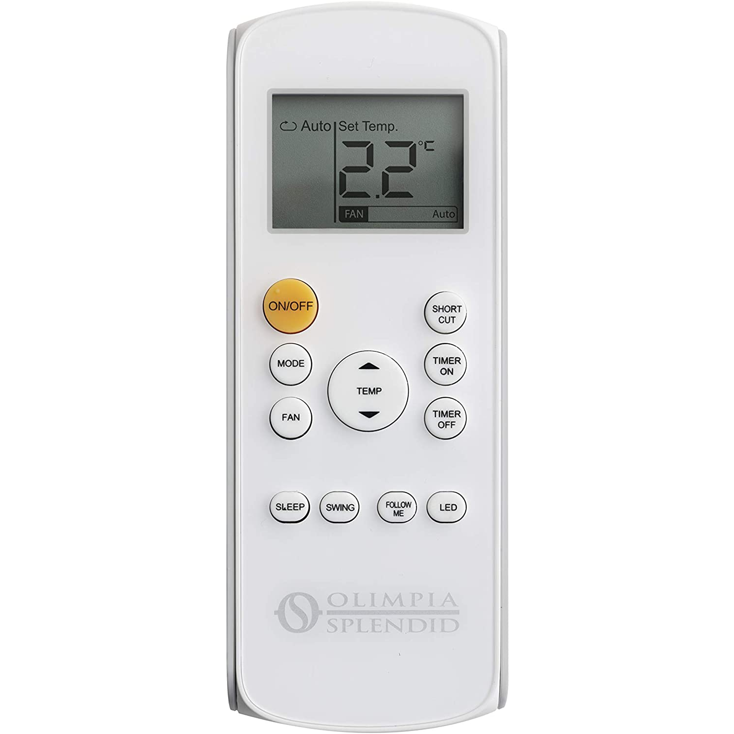 Mando a distancia blanco del aire acondicionado. Botones etiquetados con Encendido/Apagado, Modo, Temp, Ventilador, etc.