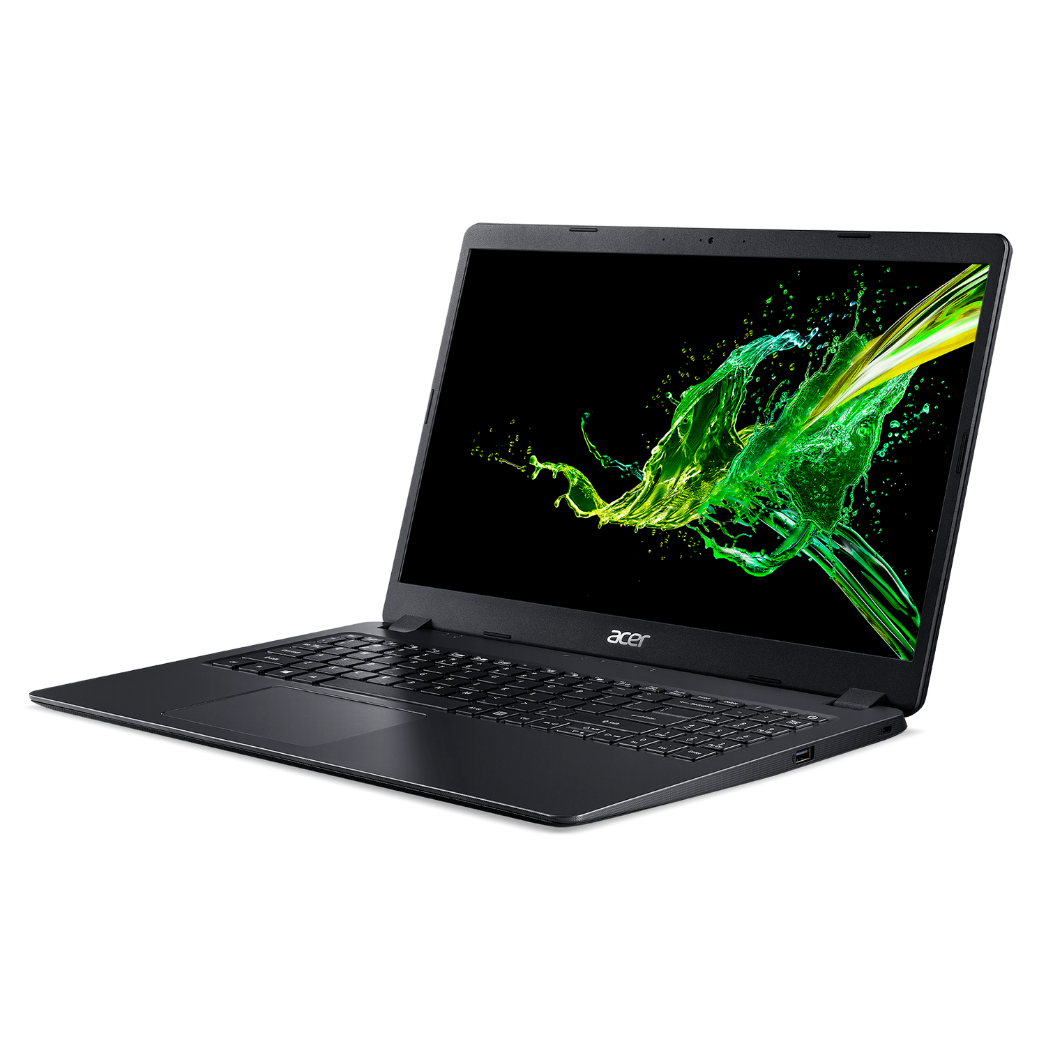 Portátil Acer negro con arte de salpicaduras verdes y amarillas en la pantalla, sobre fondo negro.