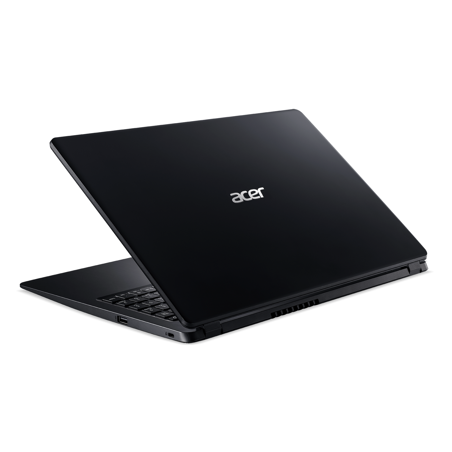 Portátil negro sobre una superficie negra. El logotipo de Acer es visible. La pantalla está abierta.