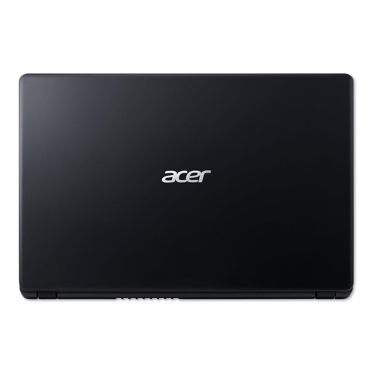 Un portátil negro con el logo 'acer' en plata, cerrado sobre un fondo negro.
