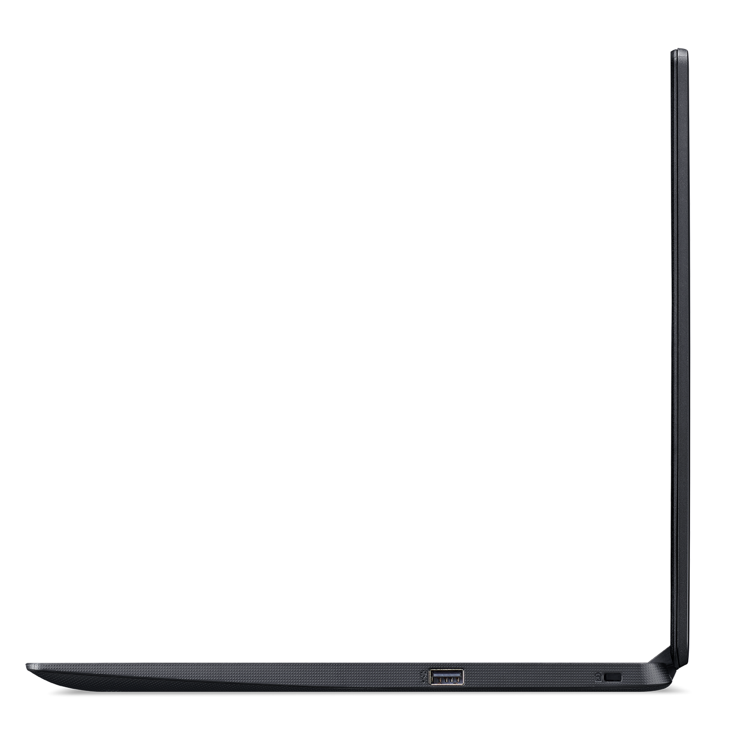 Una vista lateral de una computadora portátil negra, que muestra su perfil delgado y un puerto USB.