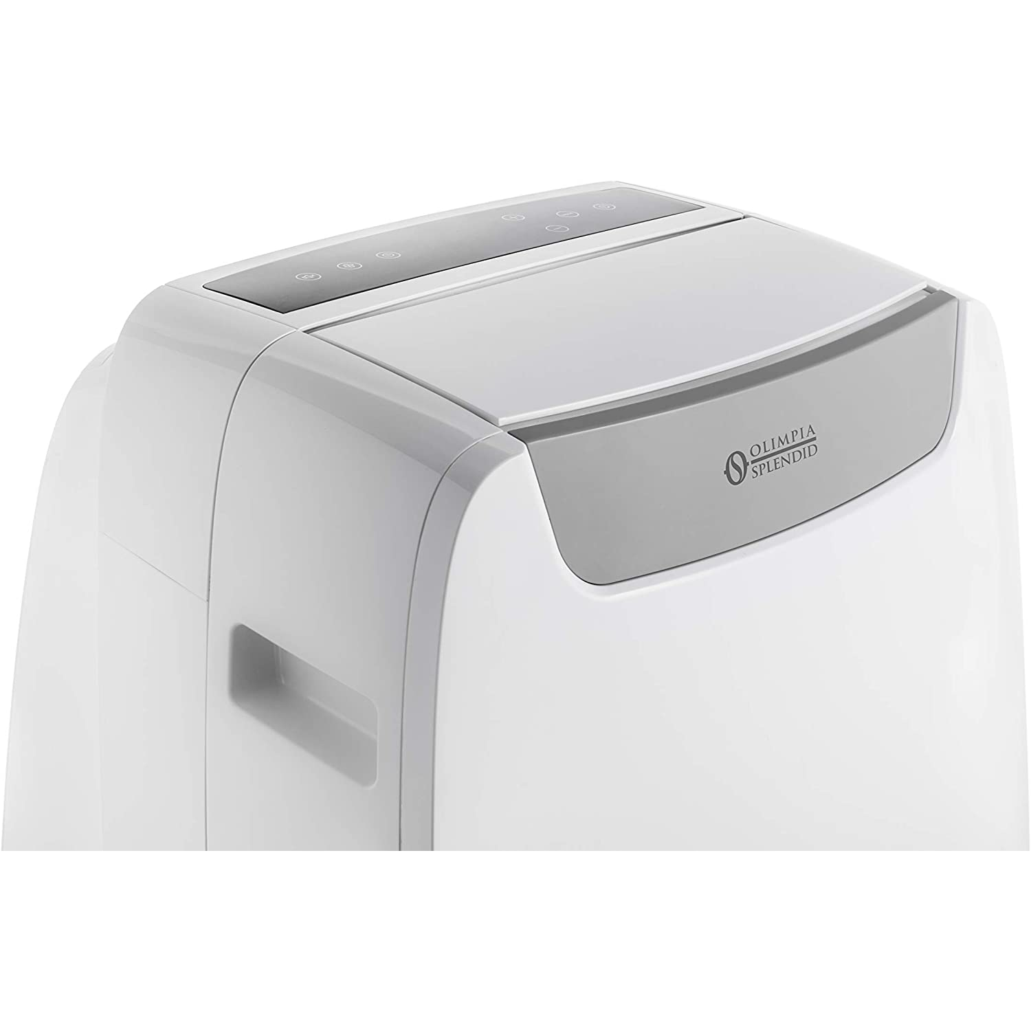 Aire acondicionado blanco y gris con panel de control superior. Logotipo de Olimpia Splendid.