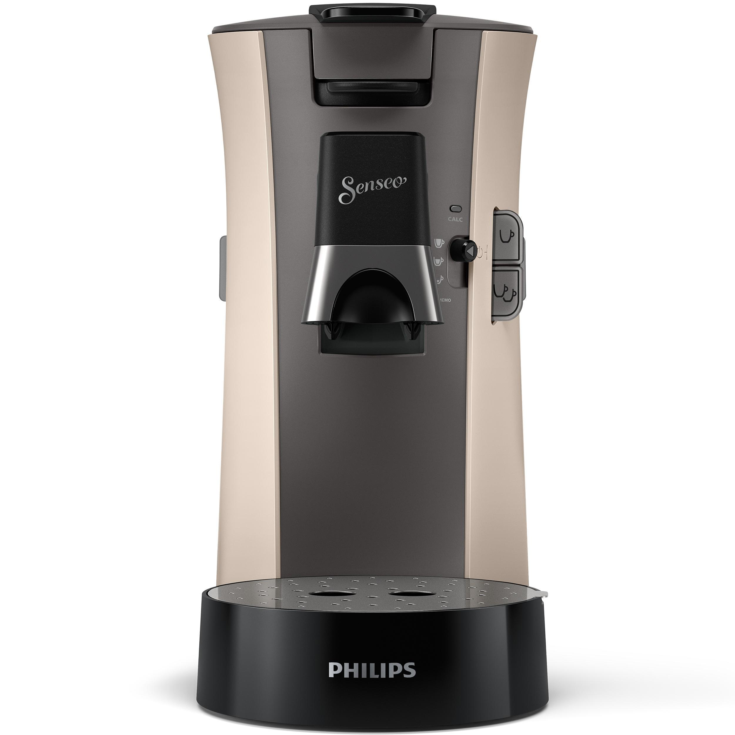 Eine beige und schwarze Philips Senseo Kaffeemaschine. Sie hat einen schwarzen Ausguss und Knöpfe an der Seite.