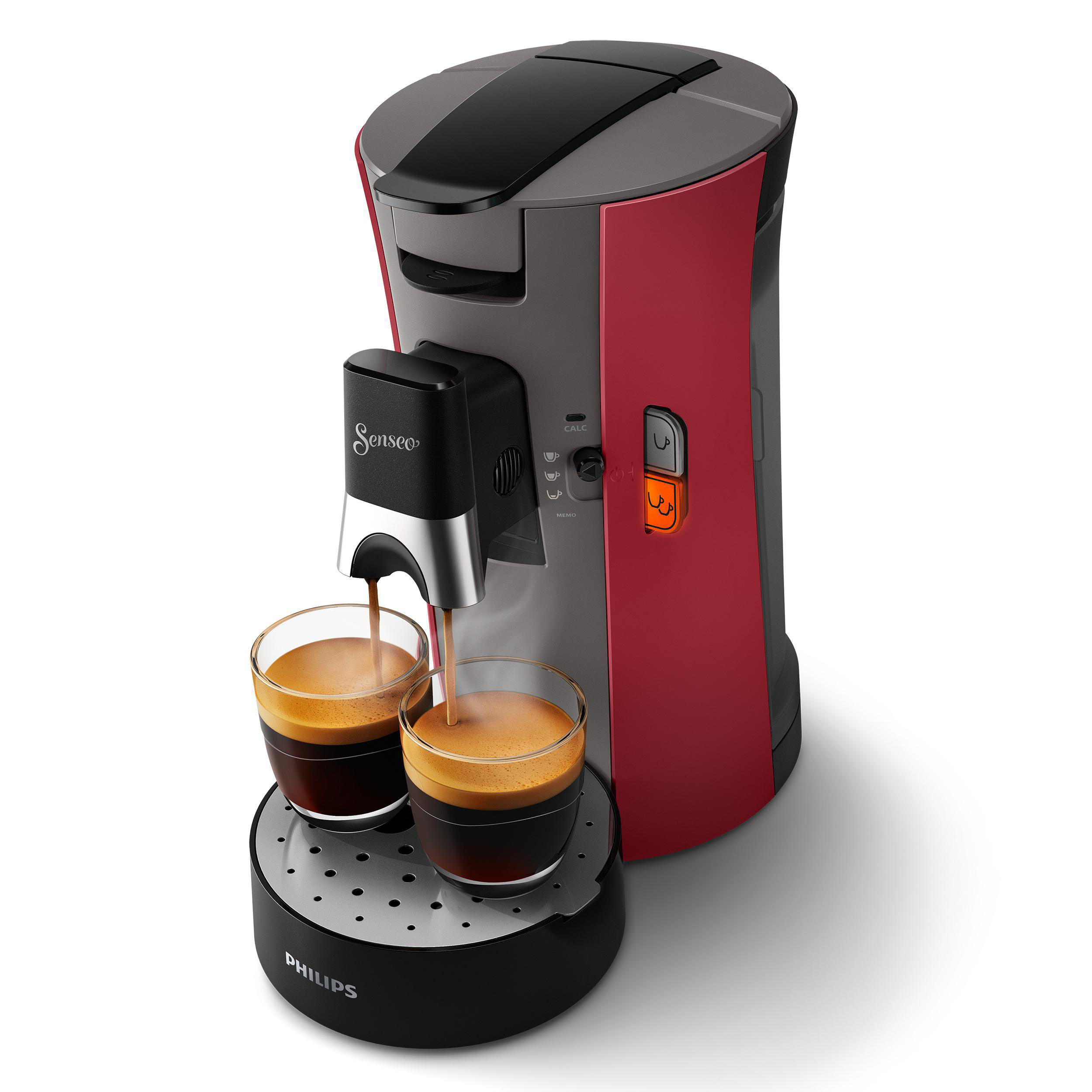 Eine rot-graue Senseo-Kaffeemaschine. Zwei Gläser sind mit Kaffee gefüllt, auf einer schwarzen Basis.