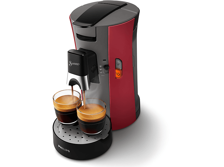PHILIPS SENSEO® CSA240/90 Select mit Kaffeestärkewahl und Memo-Funktion, 0.9L Wassertank, Padmaschine, Dunkelrot/Grau