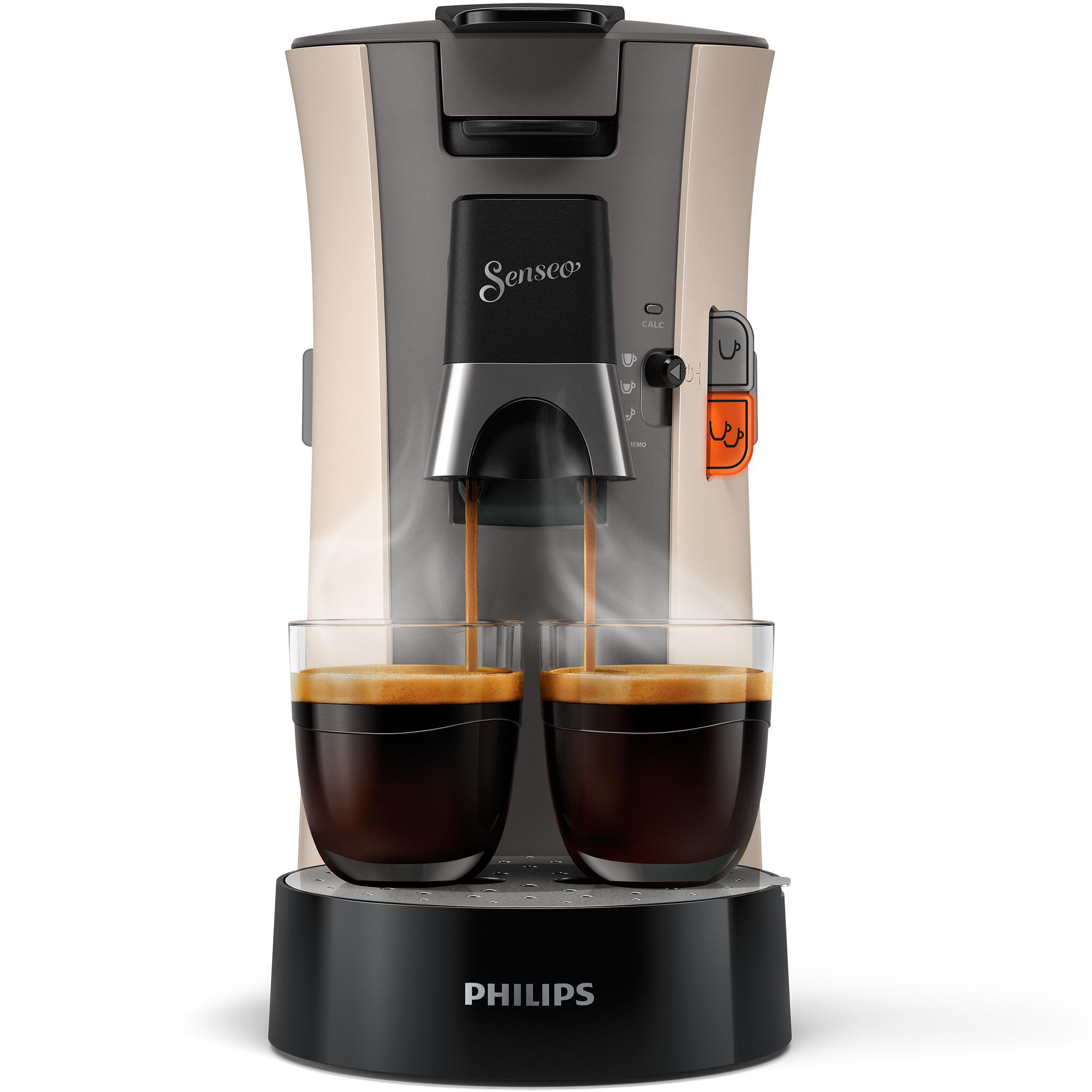 Kaffeemaschine mit zwei gefüllten Tassen. Sie hat einen schwarzen Sockel und einen beigefarbenen oberen Bereich.