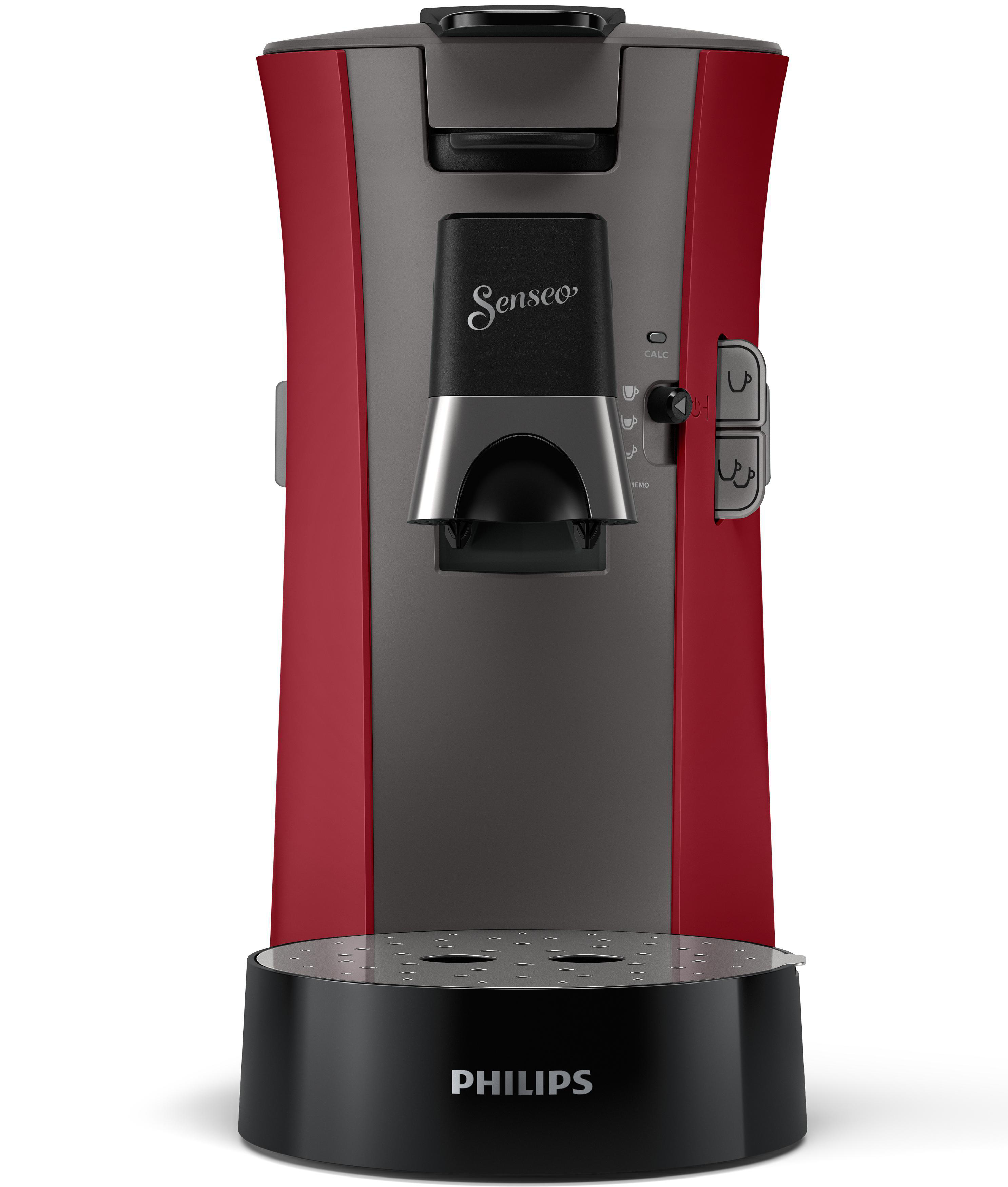 Eine rot-graue Senseo Kaffeemaschine. Sie hat einen schwarzen Sockel und einen silbernen Ausguss. Das Philips-Logo steht drauf.