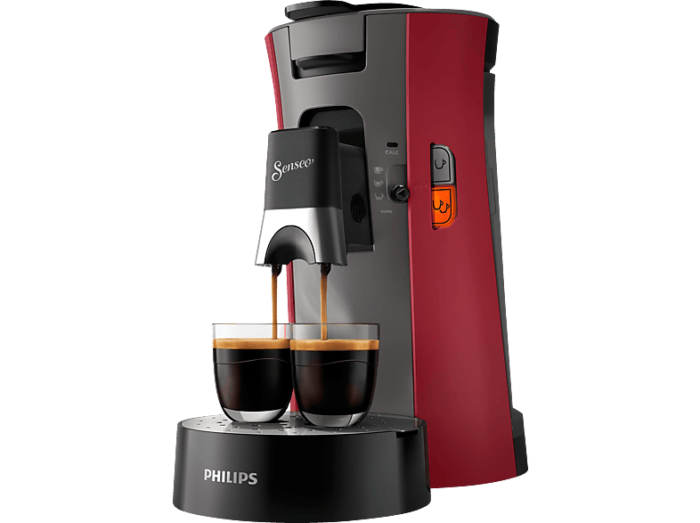 PHILIPS SENSEO® Padmaschine, Wassertank, und Select CSA240/90 0.9L mit Kaffeestärkewahl Memo-Funktion, Dunkelrot/Grau