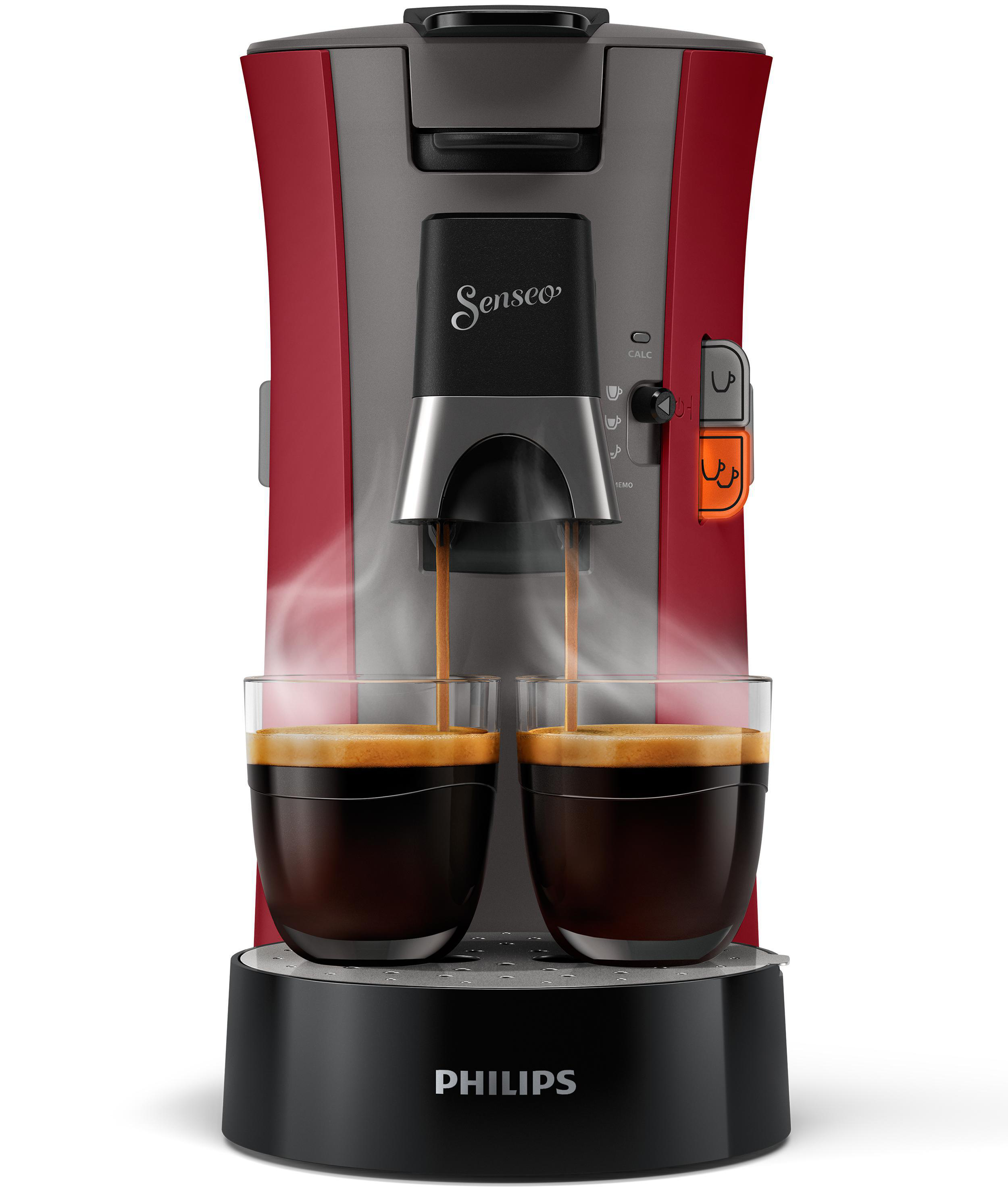 Eine rot-schwarze Kaffeemaschine, die Kaffee in zwei Gläser ausgibt.