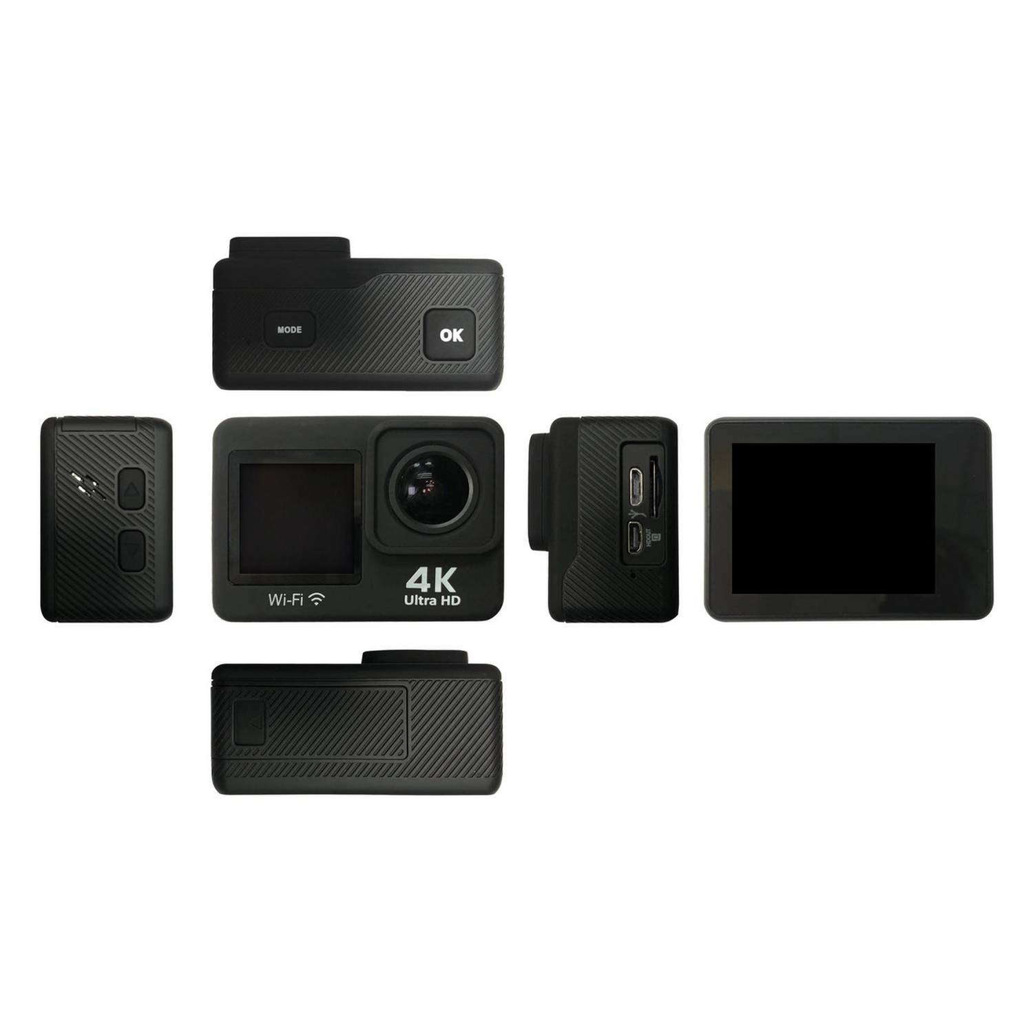 Cámara de acción negra mostrada desde múltiples ángulos, mostrando botones, pantalla, lente y puertos. La cámara está etiquetada como '4K Ultra HD' y 'Wi-Fi'.