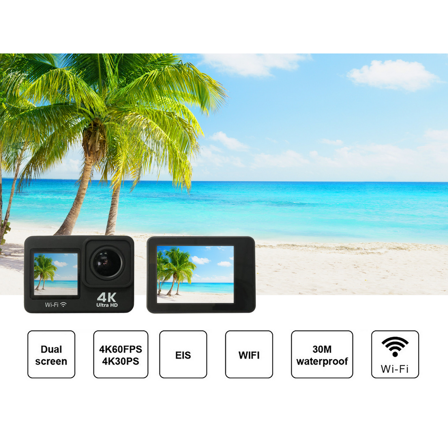 Cámara deportiva con doble pantalla, Wi-Fi y funciones 4K, ambientada en una playa con palmeras, mar y cielo azul.