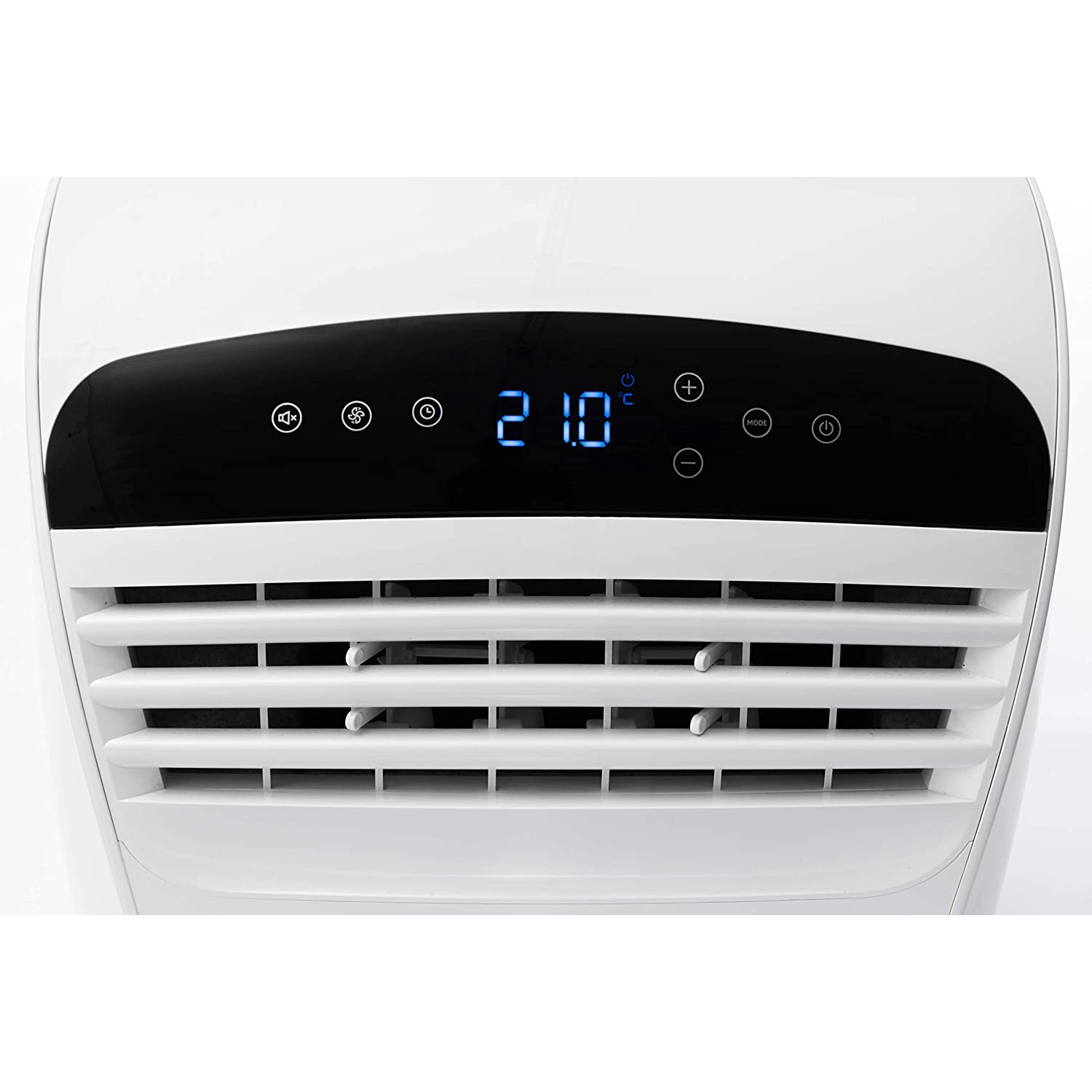 Enfriador de aire blanco con un panel frontal negro que muestra la temperatura.