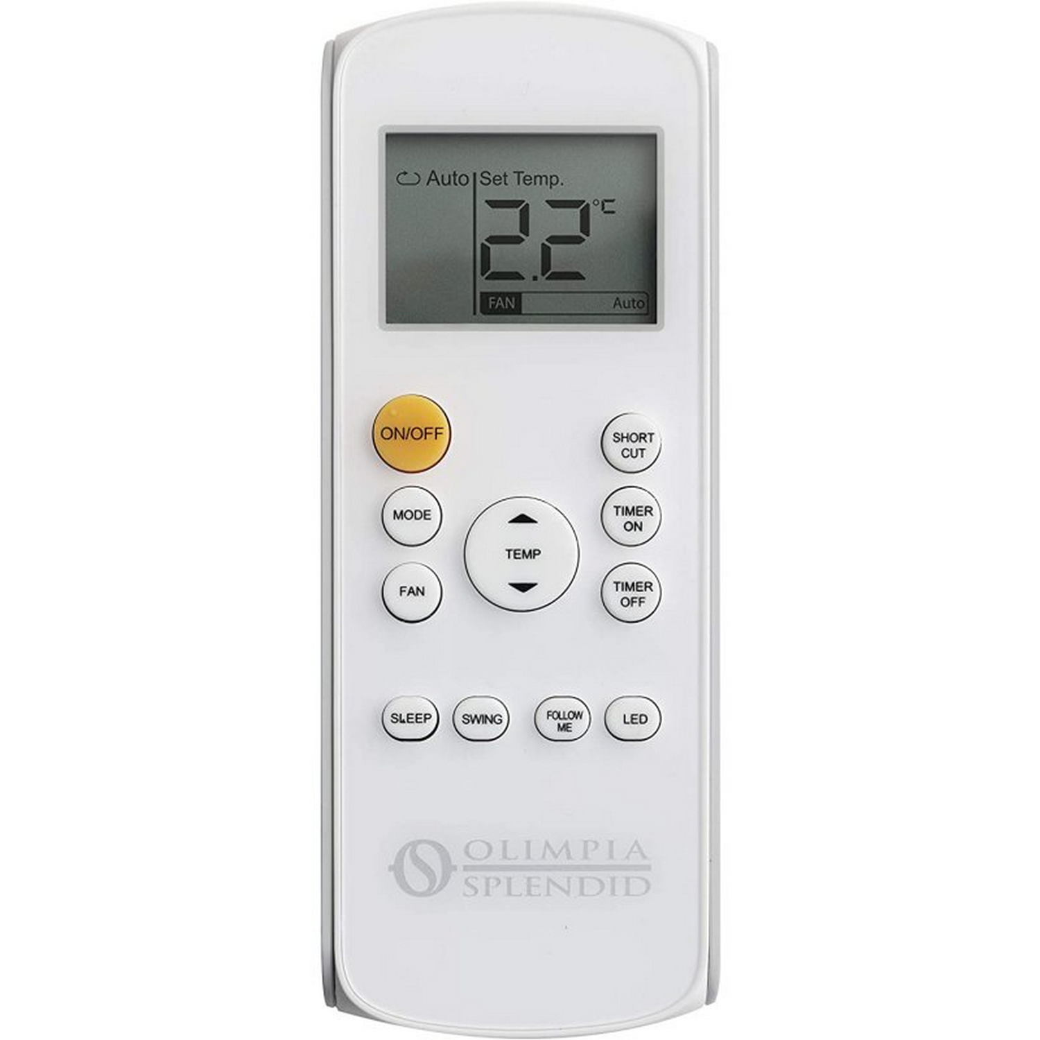 Mando a distancia blanco con pantalla LCD que muestra 2.2°F. Tiene botones como ON/OFF, MODE, FAN, TEMP y otros.