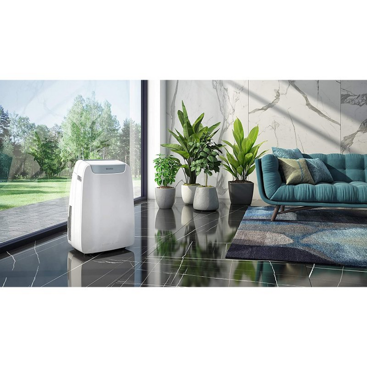 Escena interior con purificador de aire cerca de una ventana. Plantas y un sofá azul a la derecha.