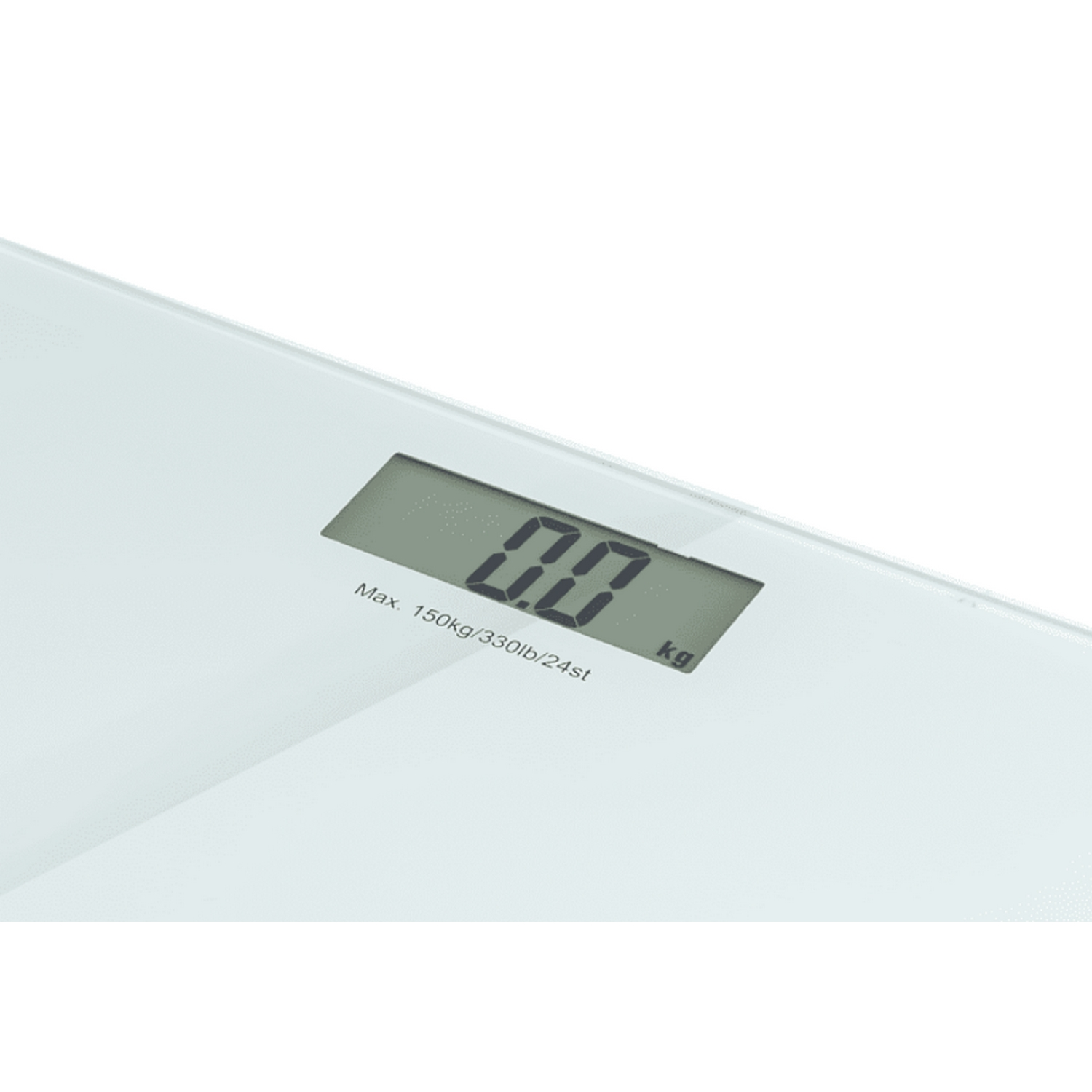Báscula digital que muestra 0.0 kg, con una capacidad máxima de 150 kg/330 lb/24 st.