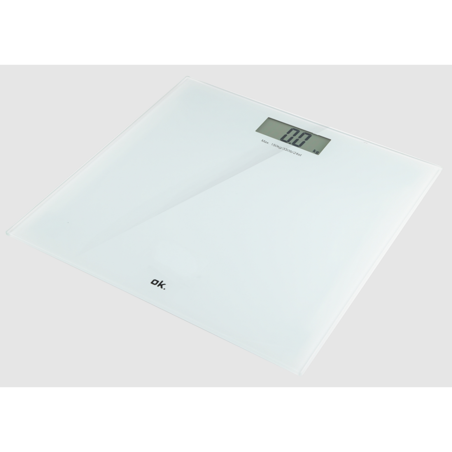 Una báscula digital blanca con una pantalla que muestra 0,0 kg. Se muestra la marca 'ok'.