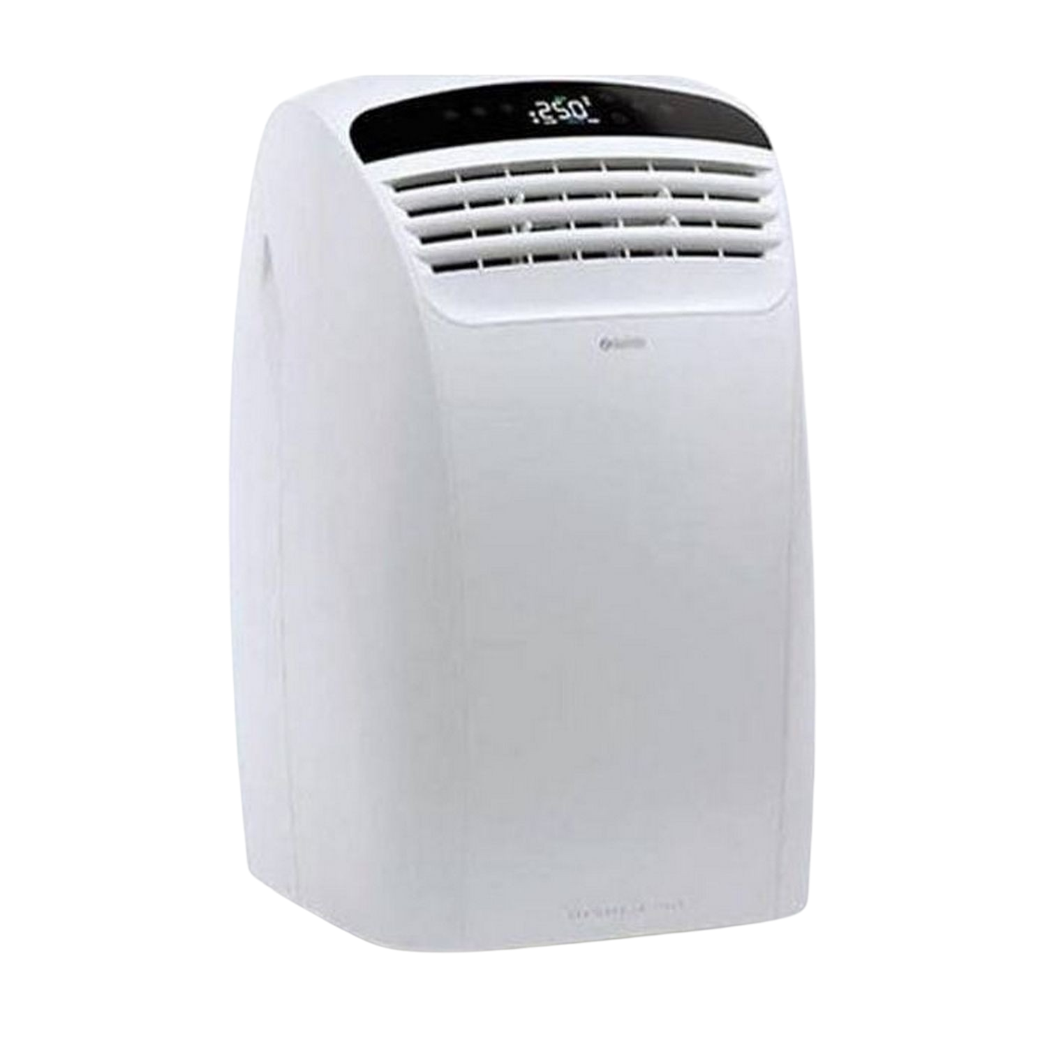 Aire acondicionado portátil blanco con pantalla digital y ventilación superior.