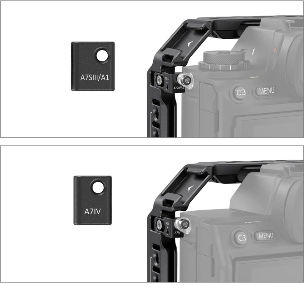 Zwei Bilder, die Kamerazubehör zeigen, eines mit 'A7SIII/A1' und das andere mit 'A7IV' beschriftet.