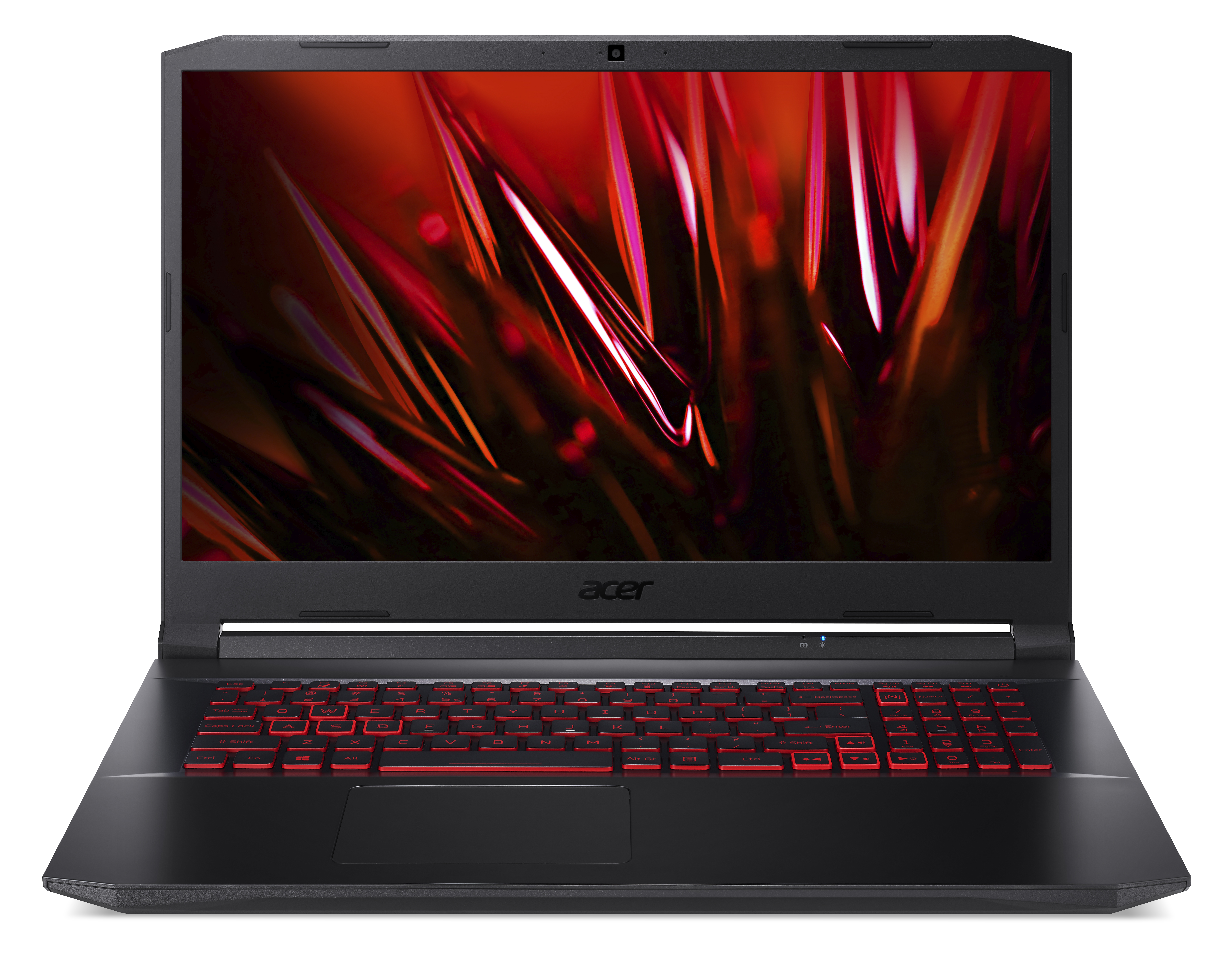 Schwarzer Acer Laptop mit roter Hintergrundbeleuchtung der Tastatur, geöffnet. Roter und schwarzer Hintergrund.