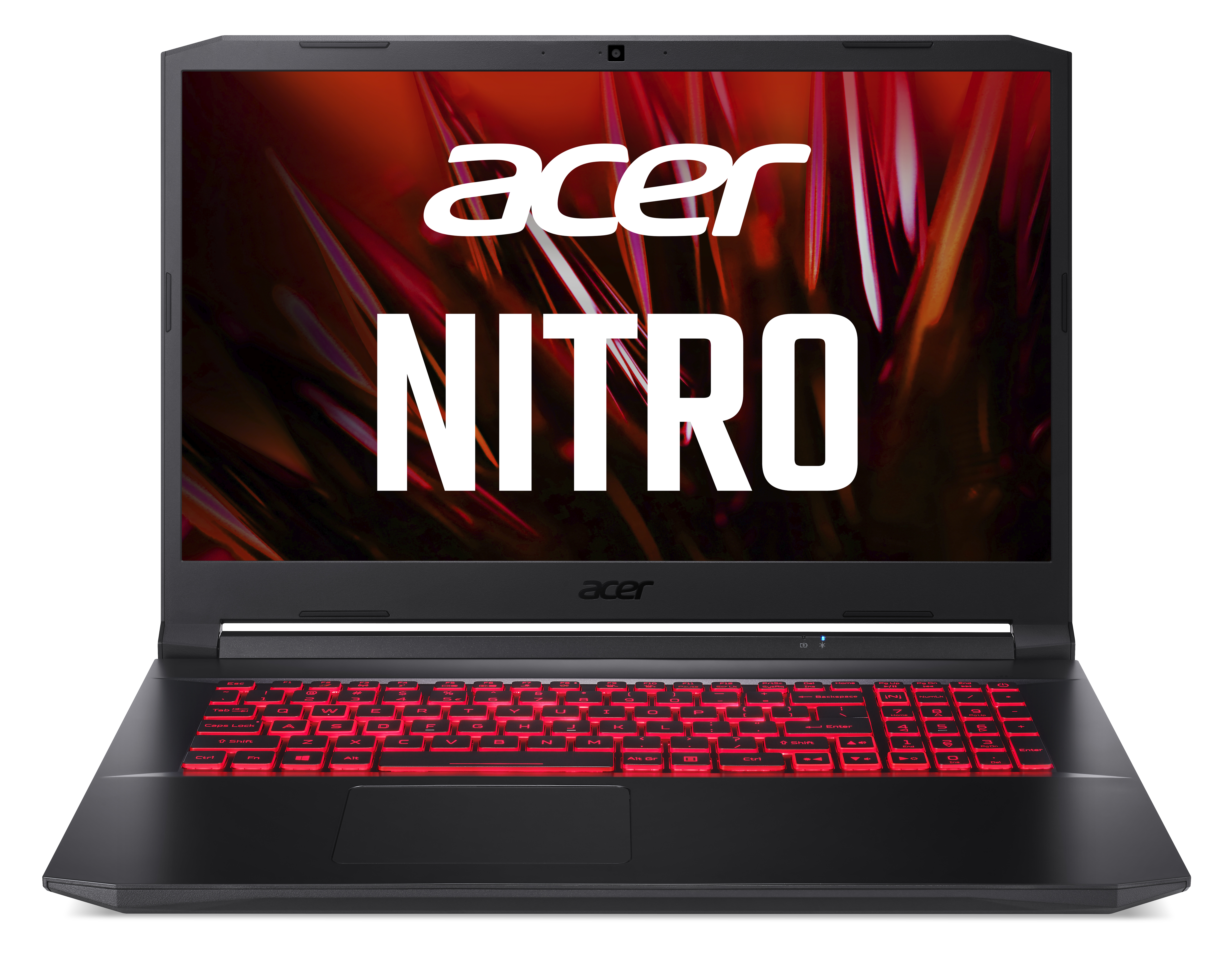 Schwarzer Acer Nitro Laptop mit roter Hintergrundbeleuchtung und hellem Bildschirm.
