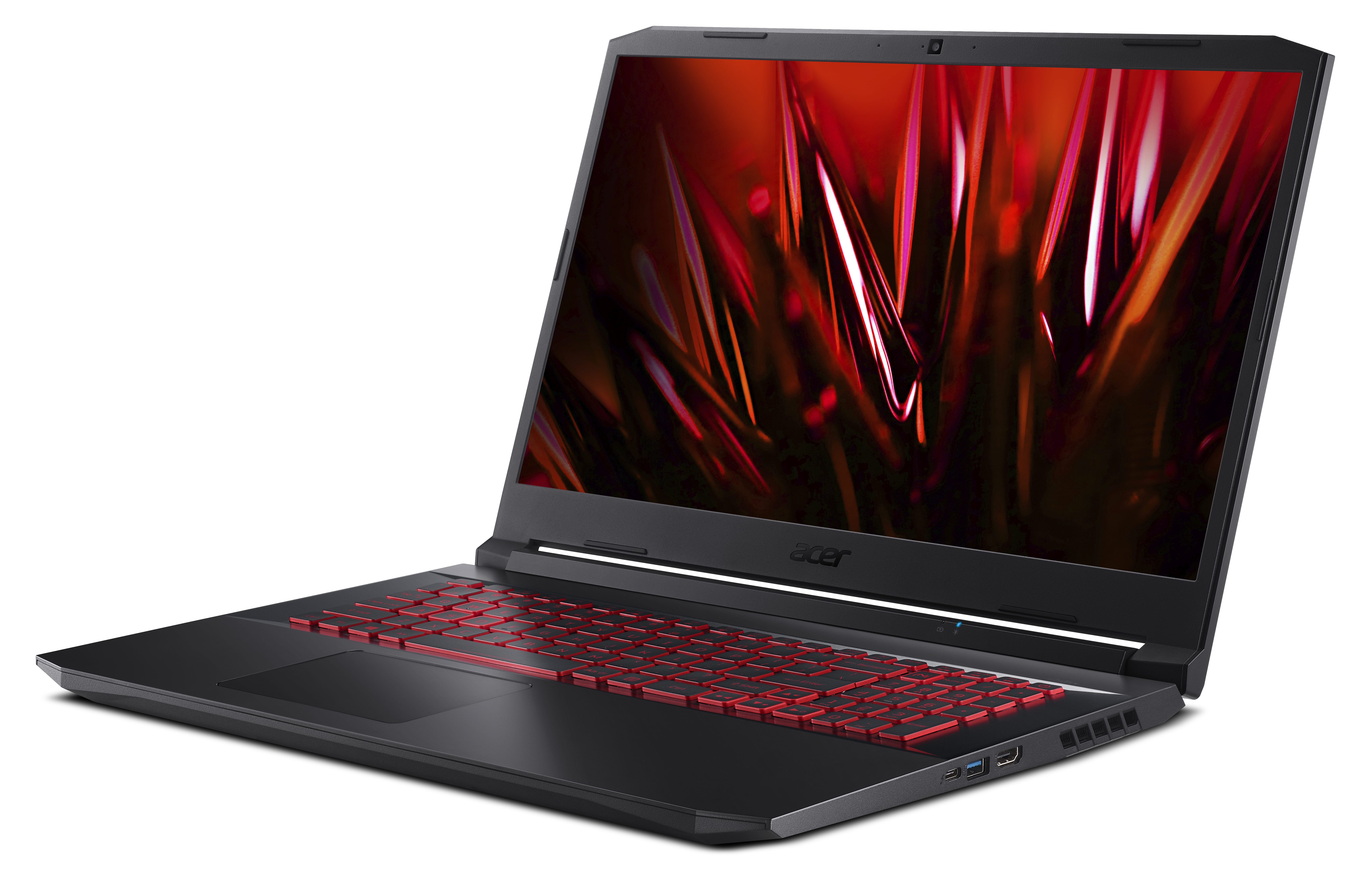 Schwarzer Laptop mit rot hinterleuchteter Tastatur. Der Bildschirm zeigt rot-schwarze Grafiken.