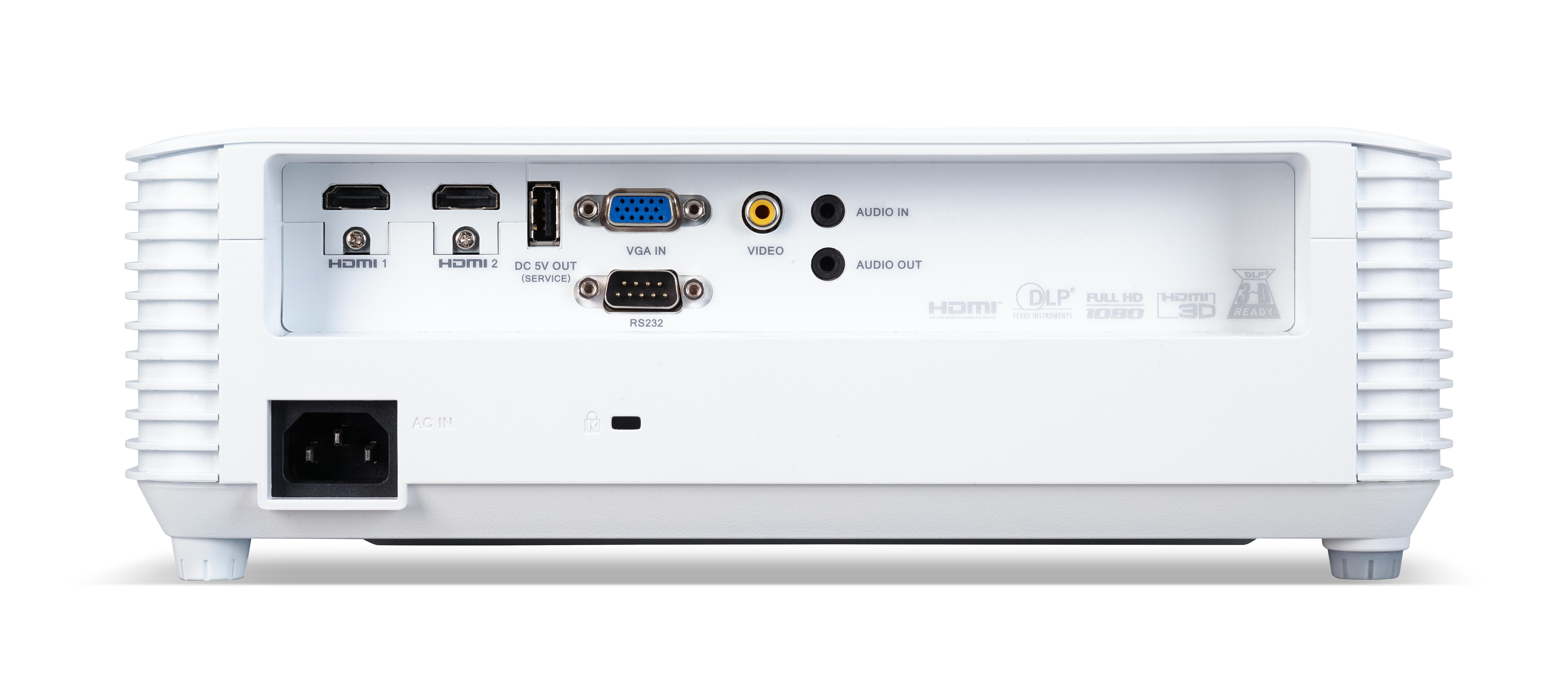 Die Rückseite eines weißen Optoma-Projektors mit Anschlüssen für HDMI, VGA, Audio- und Stromeingänge.