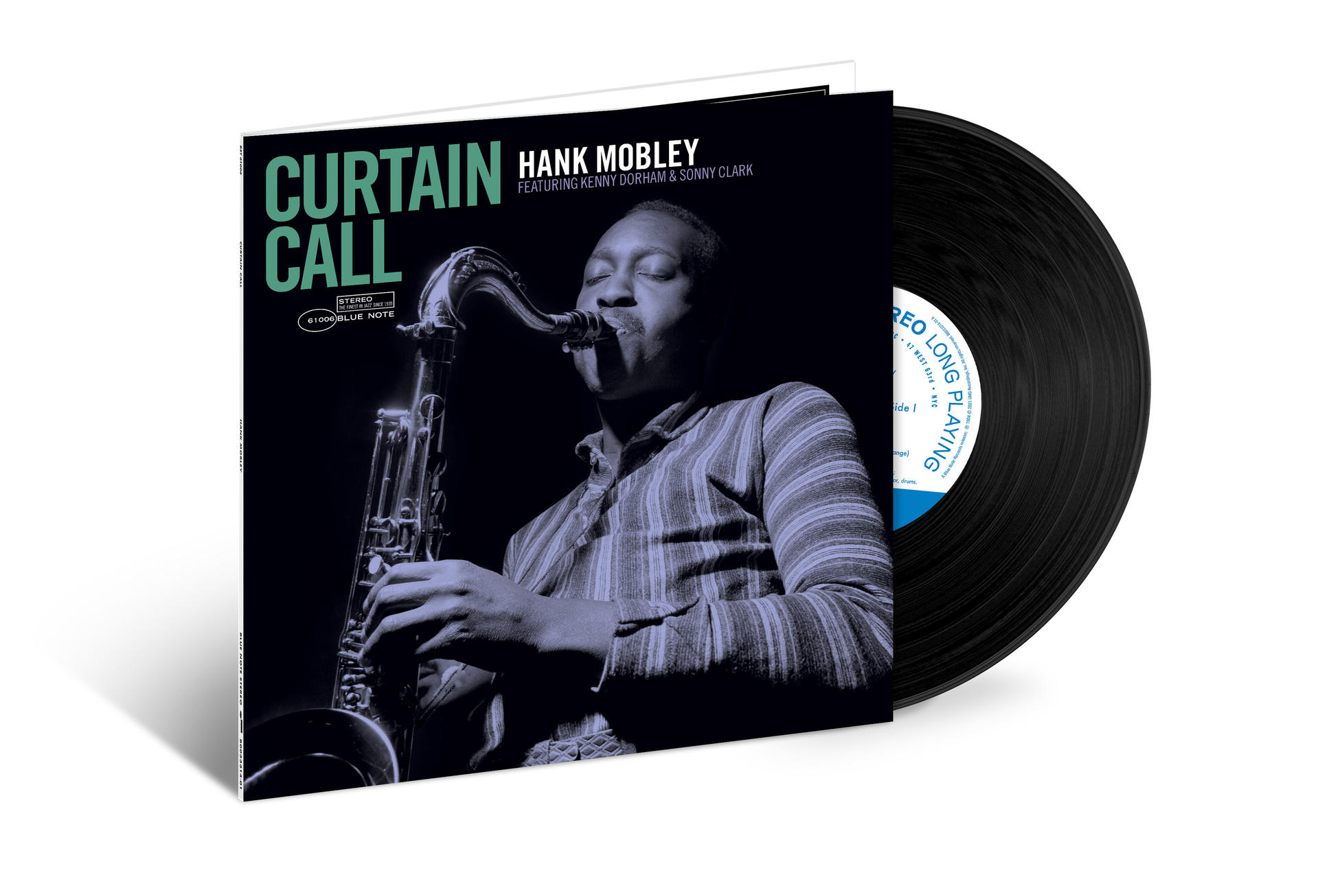 Album borító: Hank Mobley, 'Curtain Call'. Szaxofonos és egy bakelit lemez látható.