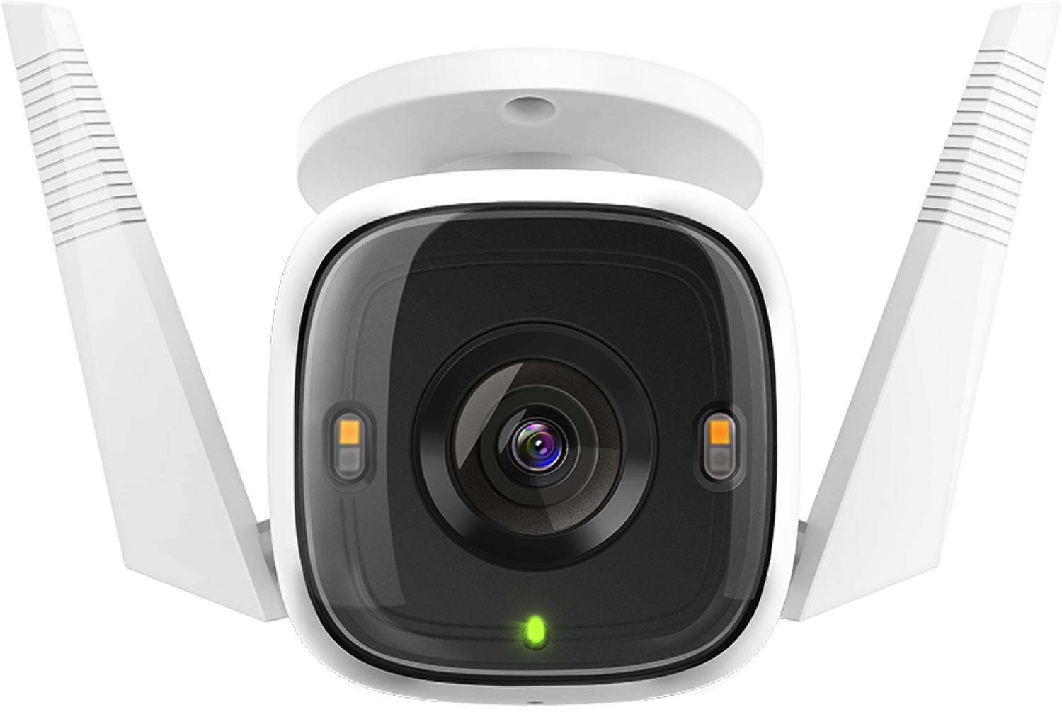 White security camera with two antennas. Black front, green light. Isolated on black.