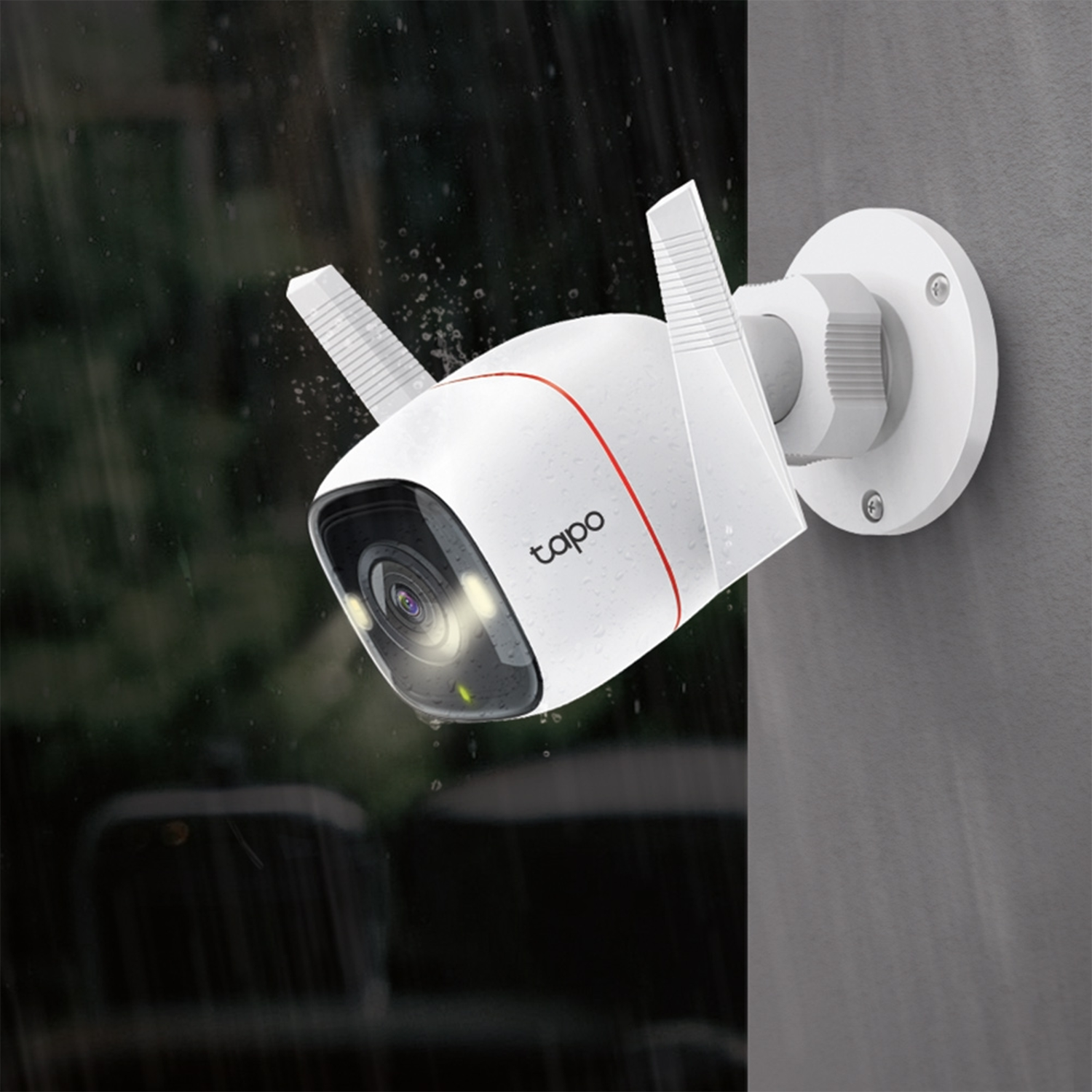 White security camera mounted on a wall. Rain falling. Red accent line.  Black front.