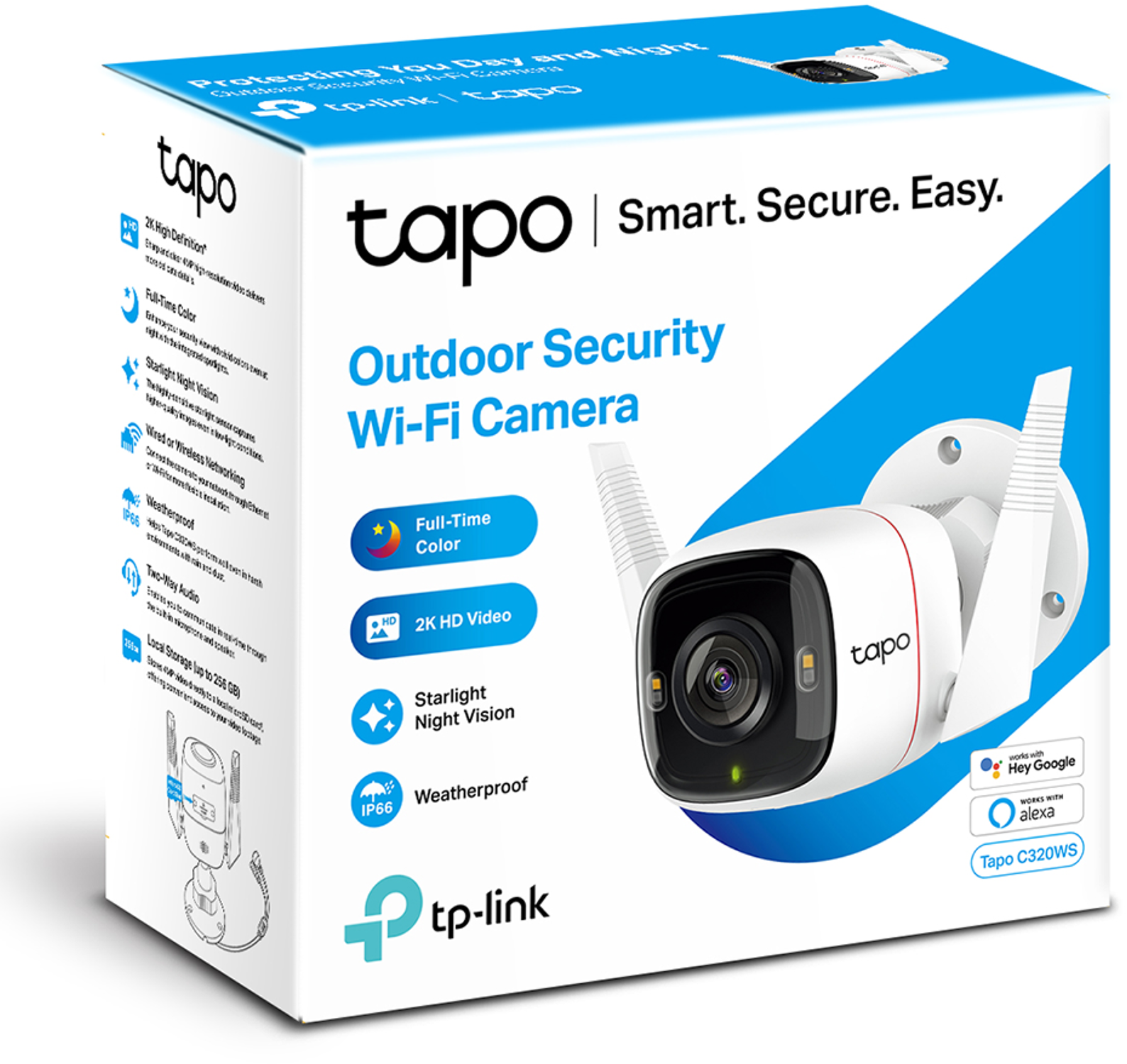 Tapo outdoor security Wi-Fi camera in a box, white background.