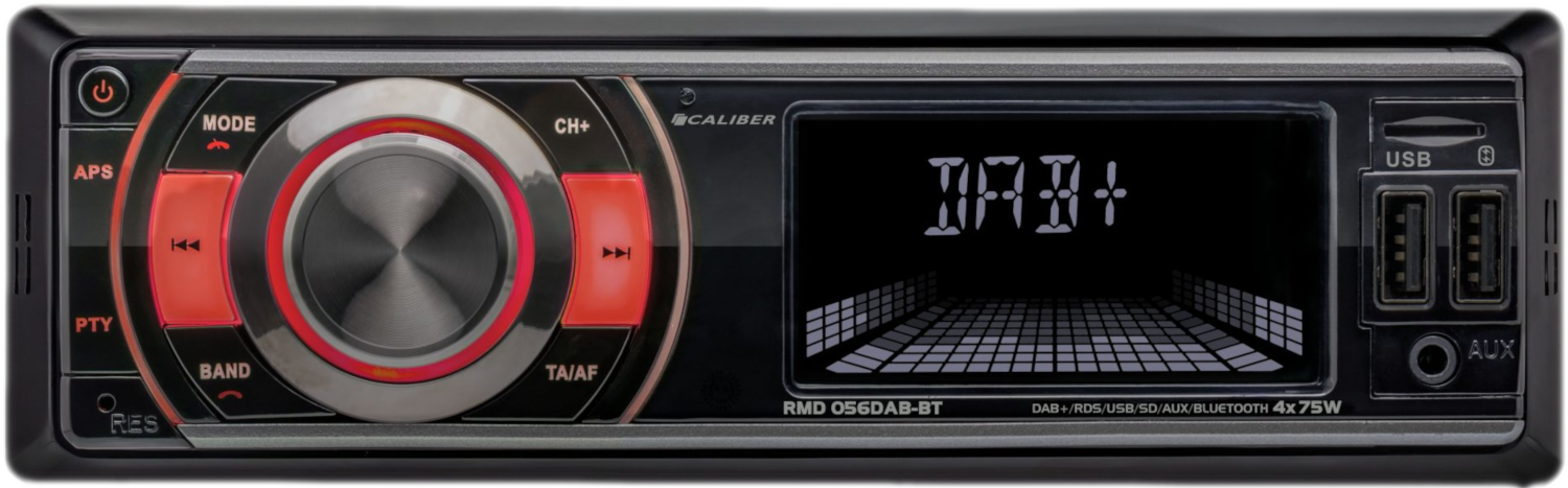 Autoradio avec boutons, écran et ports USB. Il affiche l'heure et a une palette de couleurs noire et rouge.