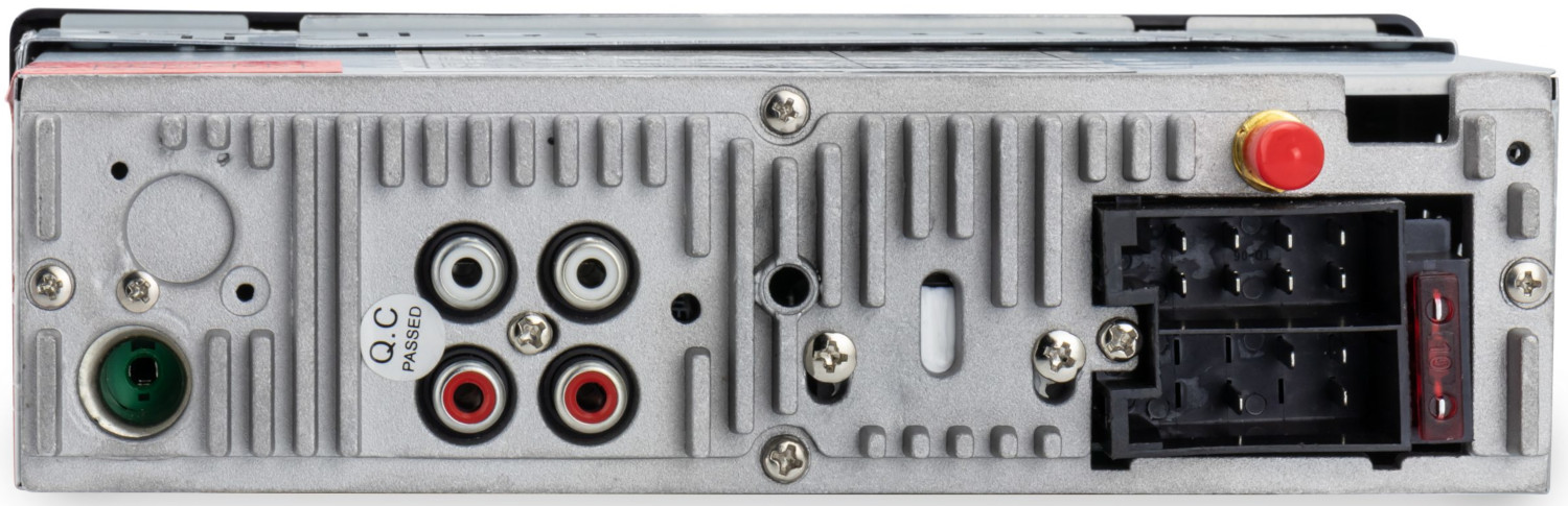 Arrière d'un autoradio. Comprend divers ports, antenne et connecteurs. Boîtier en métal argenté avec détails noirs et rouges.