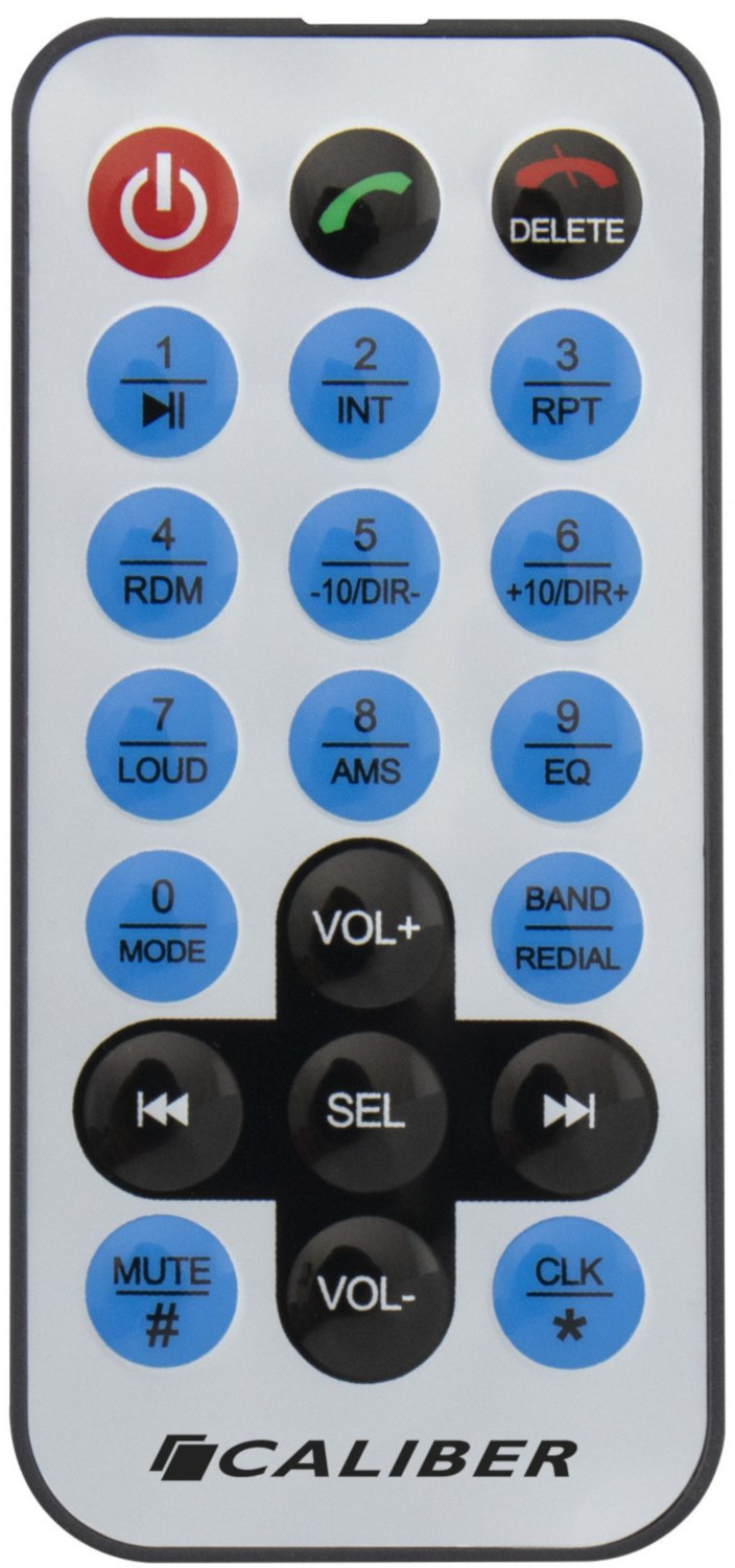 Une télécommande Caliber noire et argentée avec plusieurs boutons, dont marche/arrêt, volume et touches numériques.