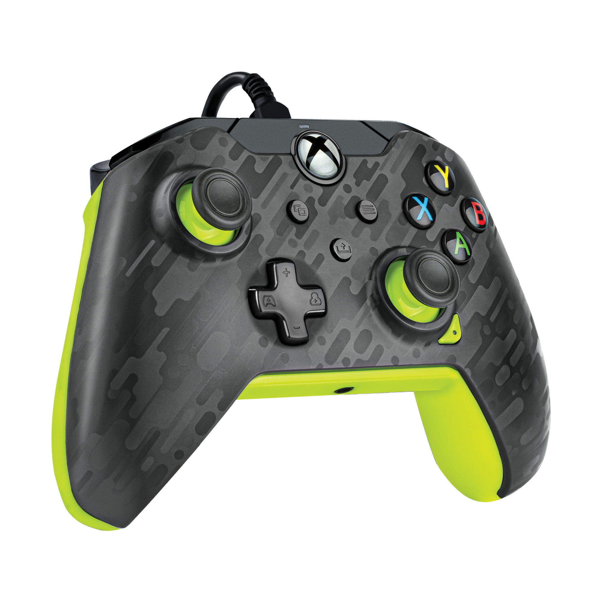 Schwarzer und grüner Xbox-Controller. Knöpfe und Steuerkreuz sind sichtbar. Schwarzer Hintergrund.