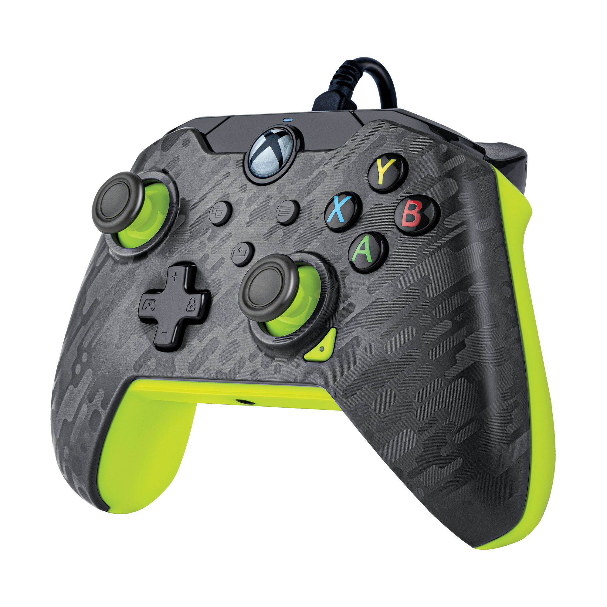 Schwarzer und neongrüner Xbox-Controller. Der Controller hat das Standard-Tastenlayout.