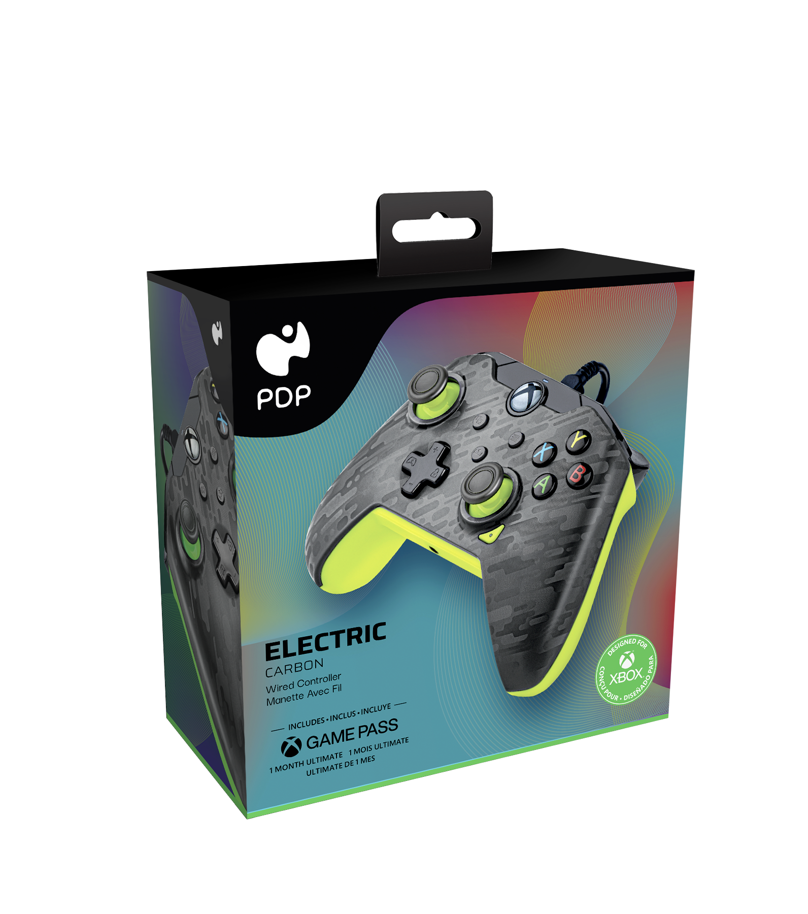 Eine Spielcontroller-Box, schwarz mit grünen und grauen Details. Das Design des Controllers ist sichtbar.