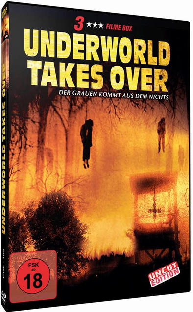 DVD-Box mit einer Horrorszene. Bäume, hängende Figuren und ein Brunnen sind sichtbar.
