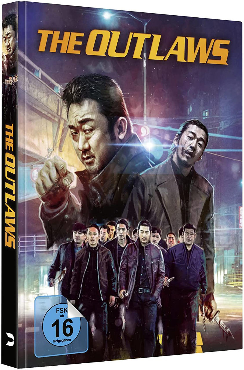 Filmcover: 'The Outlaws' mit Schauspielern, Szene in einer Stadt bei Nacht, mit einer Gruppe Männer.