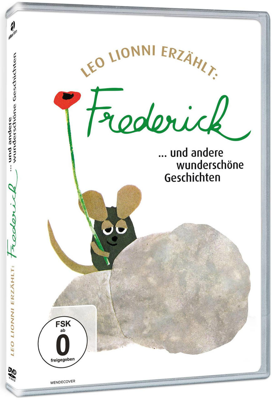 DVD-Hülle. Grün-weißes Cover. Maus mit Blume. Titel: Frederick. Grüne Schrift. Rote Blume.